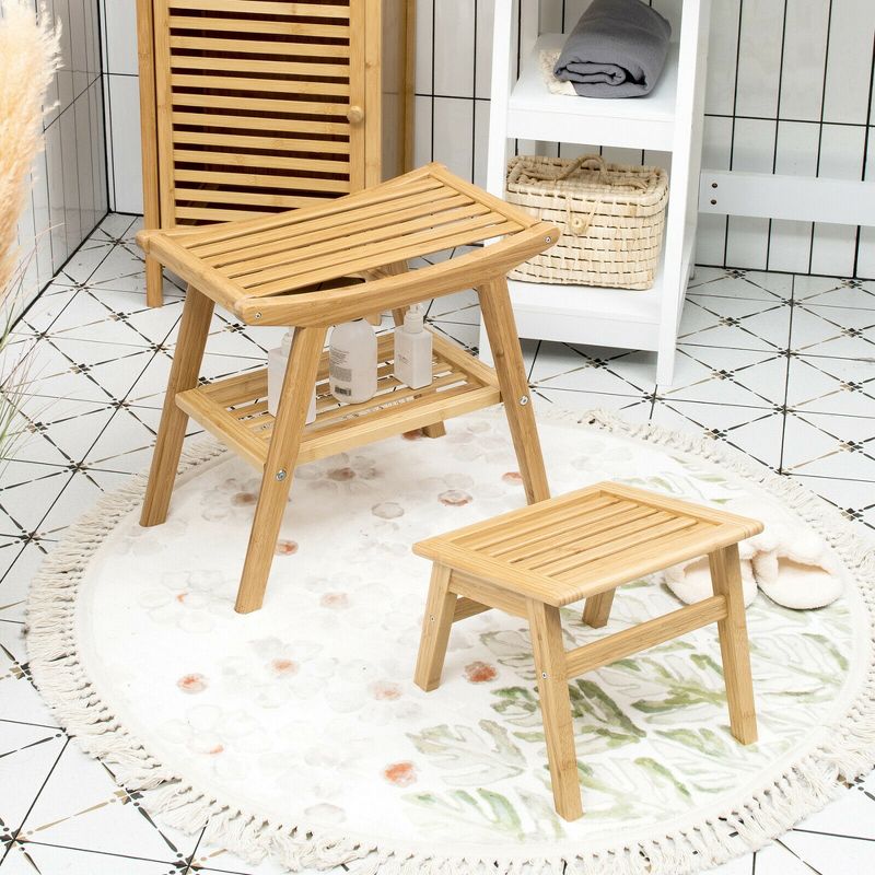 Costway Bamboo Shower Bench with Foot Stool Shower Seat Bench with Underneath Storage Shelf Spa Bath Chair, 3 of 10