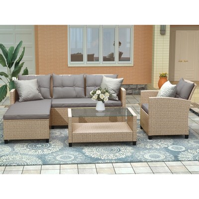 SKRAN Outdoor PE Wicker Patio Furniture Set 4 Piece,Rattan Sectional Conversation Sofa with Seat Cushions and Table for Balcony Lawn and Garden