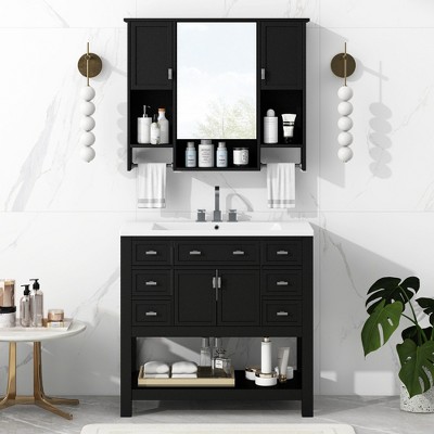 YOOCOZZ ﻿ 36'' Bathroom Vanity with Top Sink,2 Soft Closing Doors and 6 Drawers,Mirror Cabinet with Towels Bar