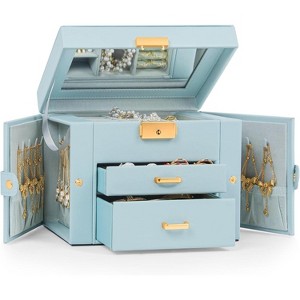 Leather Jewelry Box with Mirror & Lock, 3-Tier Organizer with 2 Drawers for Necklaces & Bracelets - 1 of 4