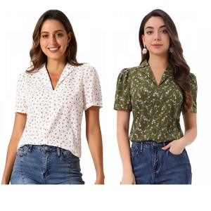 INSPIRE CHIC Women's Short Sleeve Casual V Neck Print Notch Lapel Collar Summer Blouses 2 Packs - 1 of 4