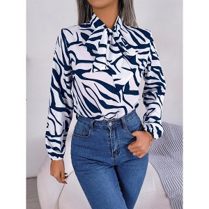 Women's Color Block Striped Tie Waist Puff Sleeve Chiffon Blouse Fall Winter Elegant Top - 1 of 4