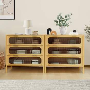 Asha 3-drawer Bamboo Cabinet,30.7" Tall with 3 Glass Drawer, Storage Cabinet with Drawers for Dining, Living,Hallway-Maison Boucle
