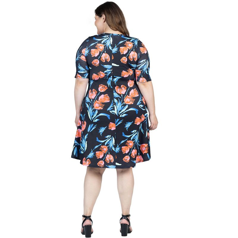 24seven Comfort Apparel Plus Size Black Floral Print Elbow Sleeve Knee Length Dress, 3 of 7