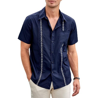 Men's Cotton Linen Shirt Short Sleeve Cuban Guayabera Casual Summer Beach Button Down Shirts With Pocket