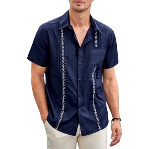 Men's Cotton Linen Shirt Short Sleeve Cuban Guayabera Casual Summer Beach Button Down Shirts With Pocket - 1 of 4