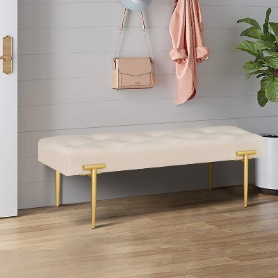 Wood,48 Inch Modern Bench Velvet Stool Upholstered Ottoman With Gold Metal Legs And Upholstered Seat For Bedroom Living Room Entryway,beige+gold