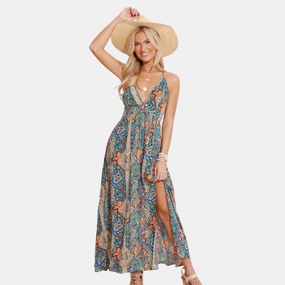 Women's Vibrant Bohemian Paisley Maxi Dress with Side Slit - Cupshe