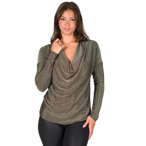 24seven Comfort Apparel Cowl Neck Long Sleeve Shimmery Fabric Top - 1 of 4