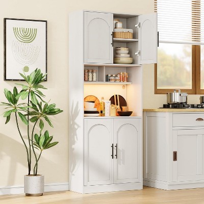 Homhougo Kitchen Pantry Cabinet with RGB Lights, 71” Tall Barn Door Storage Cabinet with Microwave Stand