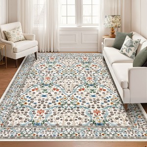 Vintage Floral Area Rug Washable Rugs Stain Resistant Easy Cleaning Indoor Carpet With Non-Slip Backing Low Pile Rug - 1 of 4