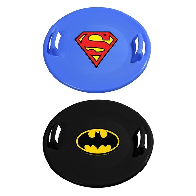 Slippery Racer Downhill Pro Round Heavy-Duty Cold Resistant Batman and Superman Adults and Kids Plastic Saucer Disc Snow Sled Set with Handles, 2 Pack