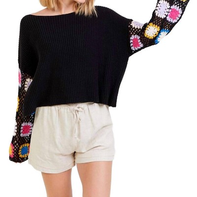 Women's French Terry Top With Long Colorful Crocheted Sleeves - umgee