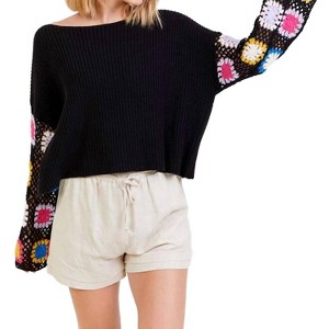 Women's French Terry Top With Long Colorful Crocheted Sleeves - umgee - 1 of 4