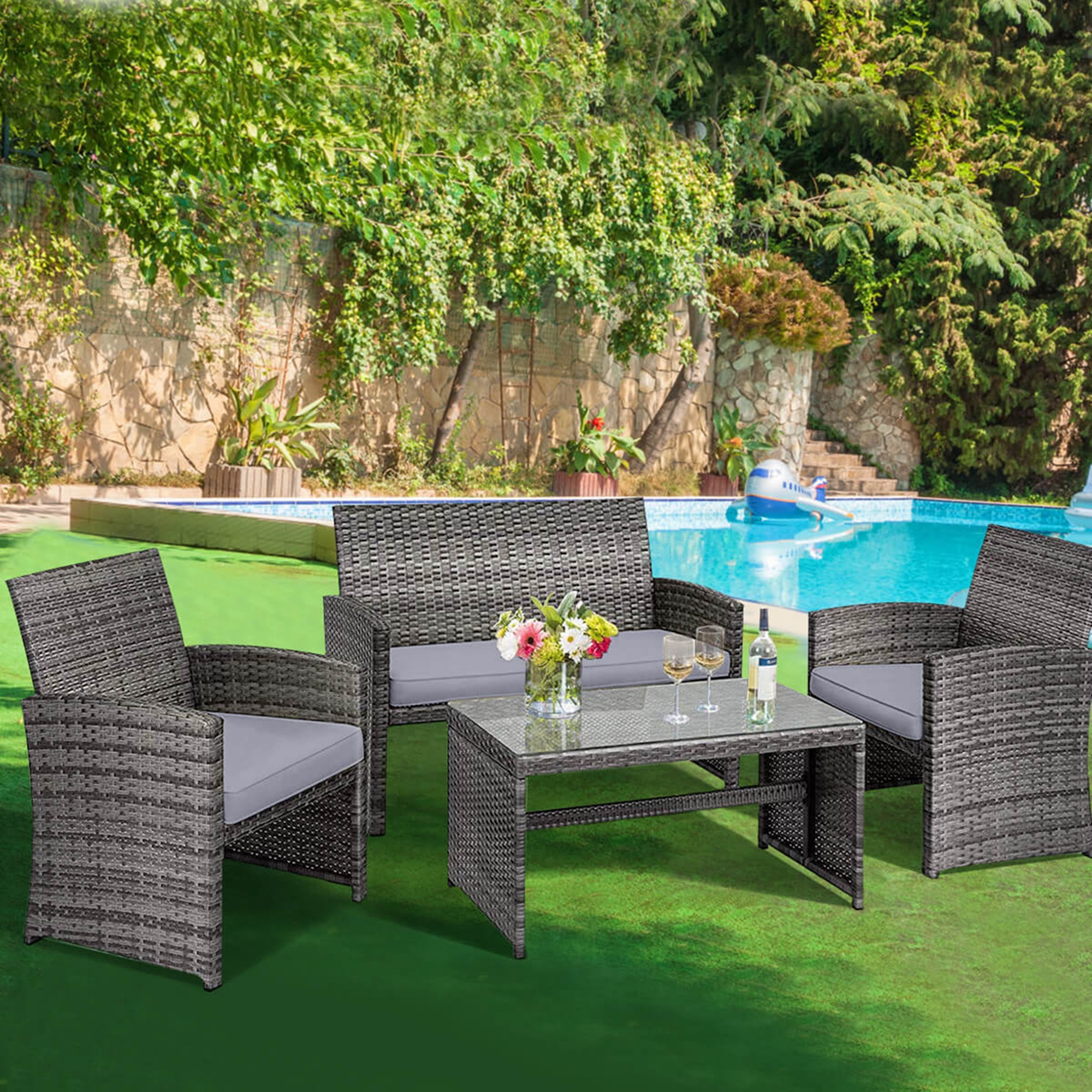 Costway 4 PCS Patio Rattan Furniture Set Conversation Glass Table Top Cushioned Sofa Grey