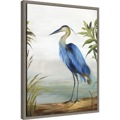 Blue Heron Portrait Framed Canvas Wall Art in Sylvie Graywash
