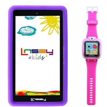 LINSAY 7" 64GB Storage Android 13 Purple Kids Bundle Funny Quad Core Tablet and Kids Smart Watch 90 Degree Selfie Camera Pink