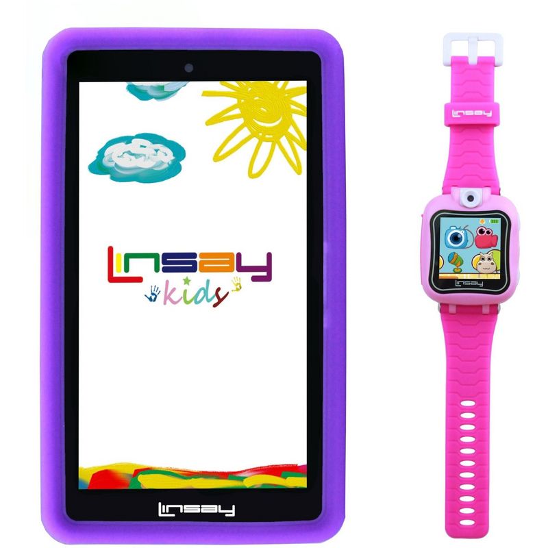 LINSAY 7" 64GB Storage Android 13 Purple Kids Bundle Funny Quad Core Tablet and Kids Smart Watch 90 Degree Selfie Camera Pink, 1 of 3
