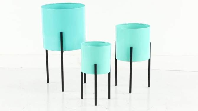 Set of 3 Contemporary Metal Planters Teal - Olivia & May: Indoor/Outdoor, Iron Construction, No Assembly, Bohemian Style, 2 of 9, play video