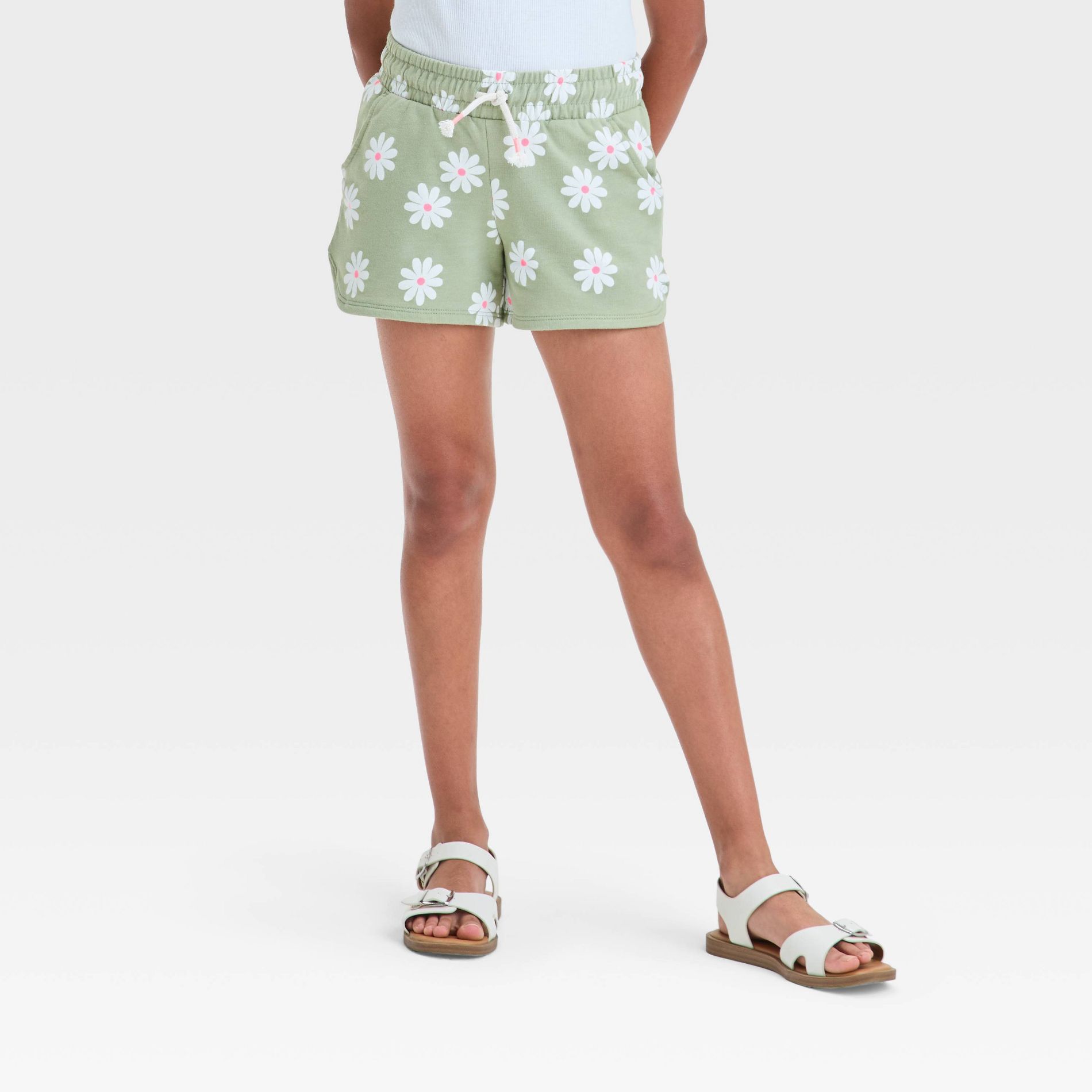 Girls' Knit Pull-On Shorts - Cat & Jack™ Light Olive Green M: Midweight French Terry, Side Pocket