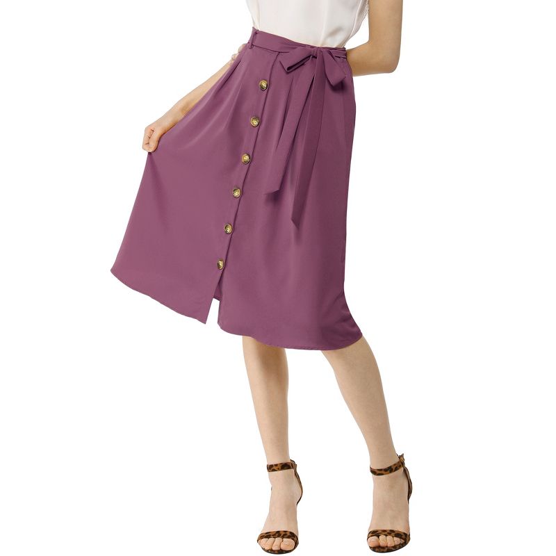 Allegra K Women's Button Front Casual High Waist Belted Midi Flare Skirt, 1 of 8