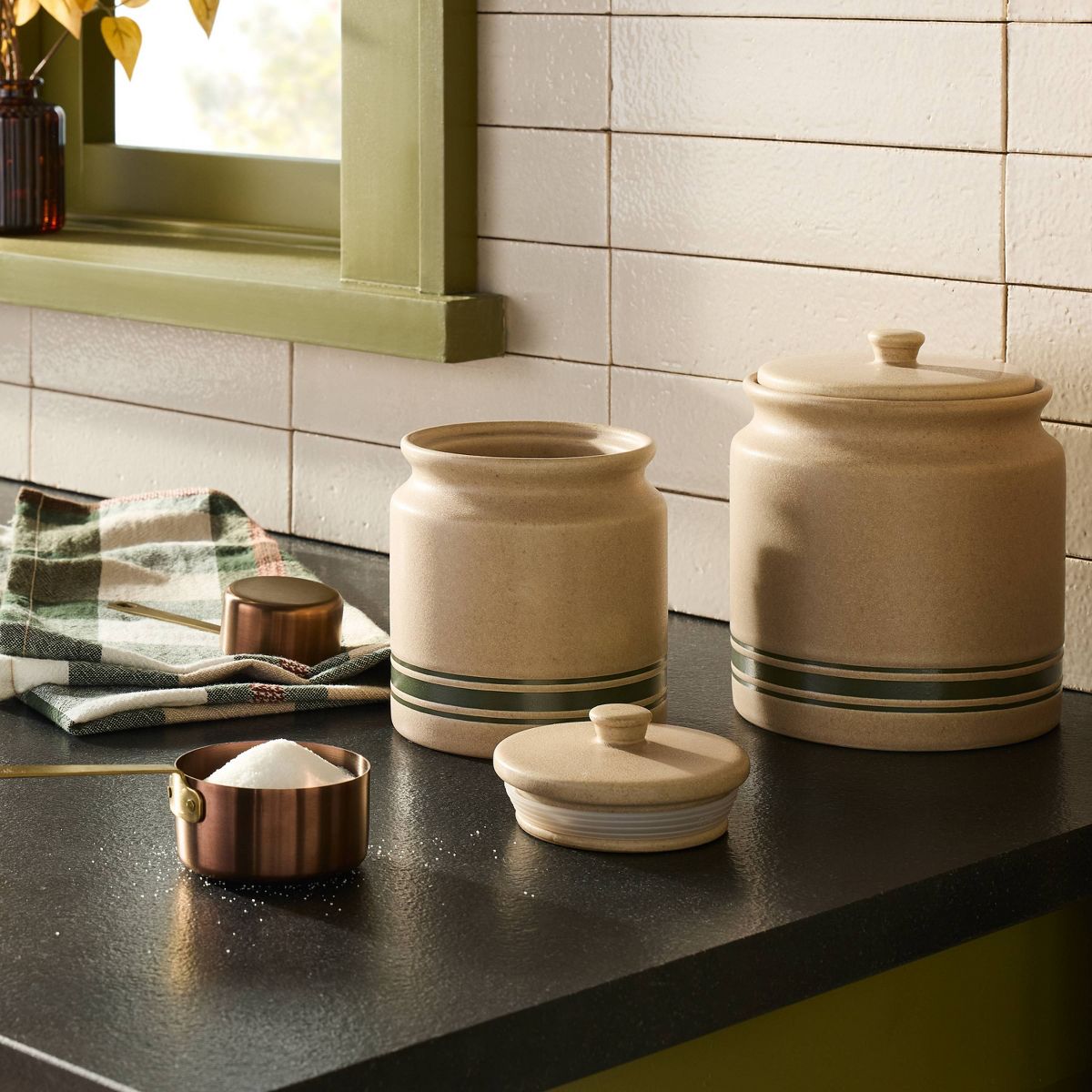 Stoneware Seasonal Canister Green Striped - Hearth & Hand™ with Magnolia - thumbnail 2