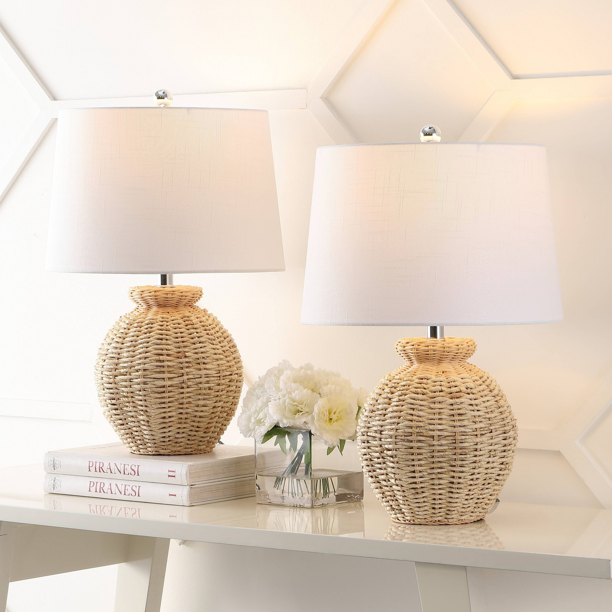 JONATHAN Y Nora (Set of 2) 22" Rustic Coastal Rattan Globe Table Lamps: Linen Shade, UL Listed, Bohemian