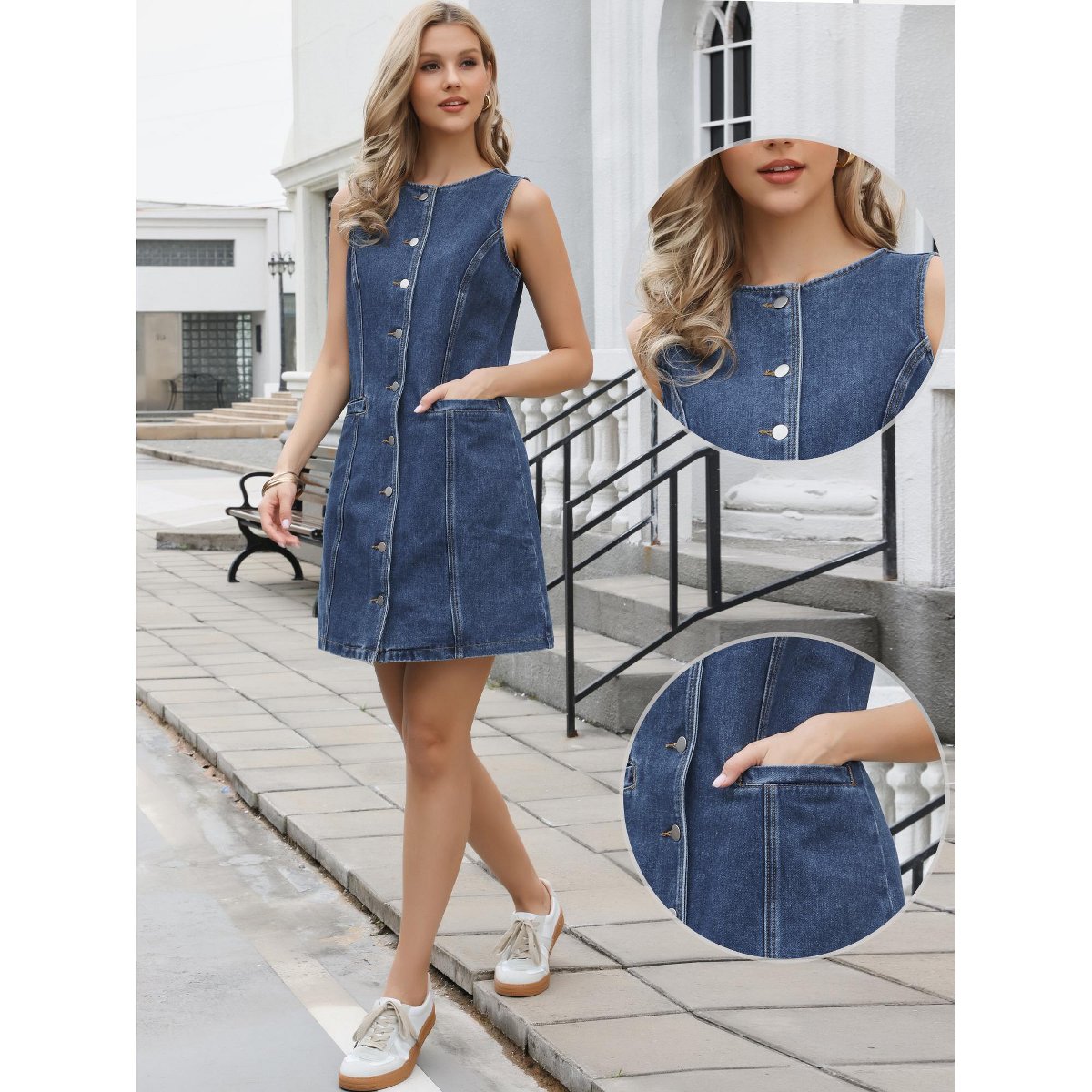 Женские платья INSPIRE CHIC Women's Denim Button Down Sleeveless Crew Neck Pockets Pencil Mini Jean Dresses Medium Dark Blue — фото 2