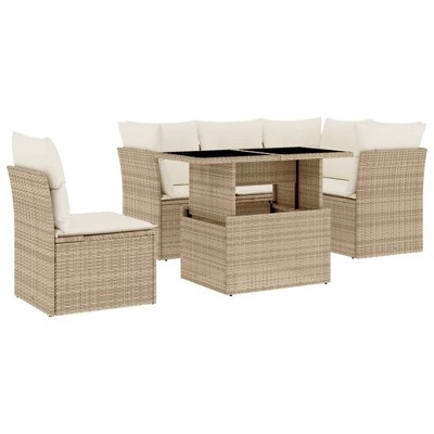 vidaXL 6 Piece Patio Sofa Set with Cushions Poly Rattan - Beige and Cream