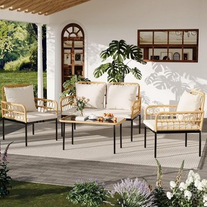 Acekool 4-Piece Outdoor Patio Set with Loveseat, Armchairs & Glass Coffee Table, Boho Rattan Conversation Set for Backyard, Porch, Balcony - 1 of 4