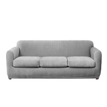Stretch Modern Block 3 Seat Sofa Slipcover Gray - Sure Fit