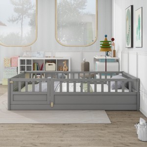 Canopy Floor Bed for Kids, Safe Montessori Bed with Guardrails, Four Poster Design Bed with Pine Wood Finish-Baofuwish - 1 of 4