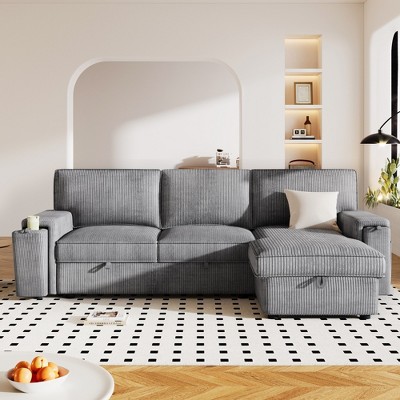 VYNXARIA Upholstery Sleeper Sectional Sofa with Storage Bags and 2 cup holders on Arms