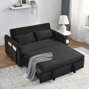 55" Modern Velvet Convertible Sofa Bed - with Detachable Arm Pockets, Pull-Out Bed, 2 Pillows, Adjustable Backrest, Grid Design Armrests - 1 of 4
