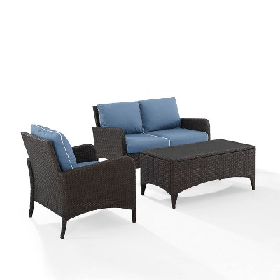 Kiawah 3pc Outdoor Wicker Conversation Set Blue - Crosley