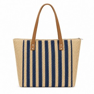 Alilang Crochet Look Striped Tote Bag with Faux Leather Shoulder