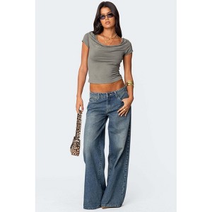 Mocamel Women's High Waist Wide Leg Fashion Printed Denim Jeans In Vintage Inspired Blue Wash - 1 of 4