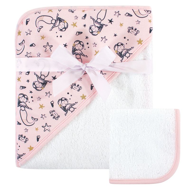 Hudson Baby Infant Girl Cotton Hooded Towel and Washcloth 2pc Set, Mermaid, One Size, 1 of 3