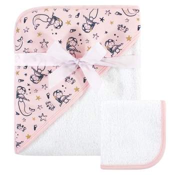 Hudson Baby Infant Girl Cotton Hooded Towel and Washcloth 2pc Set, Mermaid, One Size