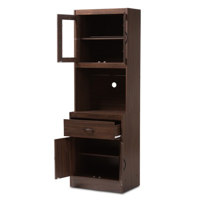 Laurana Dark Walnut Tall Kitchen Hutch Cabinet with Glass Doors