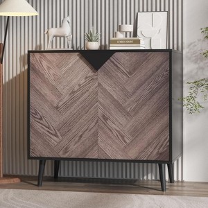 Gray 31 Point 5 Inch Storage Cabinet with Shelf and Doors Heavy Duty Woodgrain Finish for Dining Room Living Room and Entryway Walnut Grain - 1 of 4