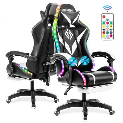 Hoffree Upholstered Massage Racing Gaming Chair Ergonomic Office PC Chair with Footrest & RGB Light