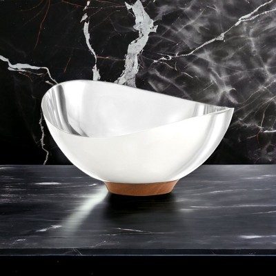 Polished Stainless Steel and Acacia Wood Crescent Nut Bowl