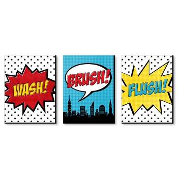 Big Dot of Happiness Bam Superhero - Kids Bathroom Rules Wall Art - 7.5 x 10 inches - Set of 3 Signs - Wash, Brush, Flush