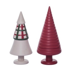 Transpac Wood 7.87 in. Multicolor Christmas Carved Gingham Tree Decor Set of 2 - 1 of 3