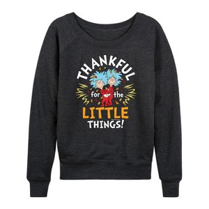 Women's - Dr. Seuss - Thanksgiving Is A Family Thing Lightweight French Terry Wide Neck Long Sleeve Graphic Shirt - 1 of 4