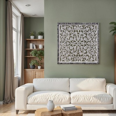 Royal Hampton Carved Mango Wood Wall Decor| 36 Inch Square Wall Panel I Handcrafted Distressed Black & White