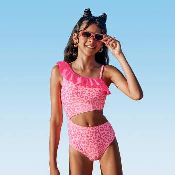Girls' Pink Ruffled Leopard One-Shoulder Cutout One-Piece Swimsuit - Cupshe
