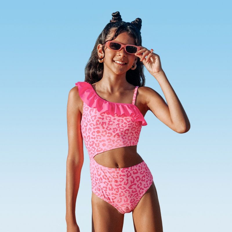 Girls' Pink Ruffled Leopard One-Shoulder Cutout One-Piece Swimsuit - Cupshe, 1 of 6
