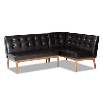 2pc Arvid Faux Leather Upholstered Wood Dining Corner Sofa Bench Dark Brown/Walnut - Baxton Studio: Mid-Century Modern, Button Tufted, Maximizes Space